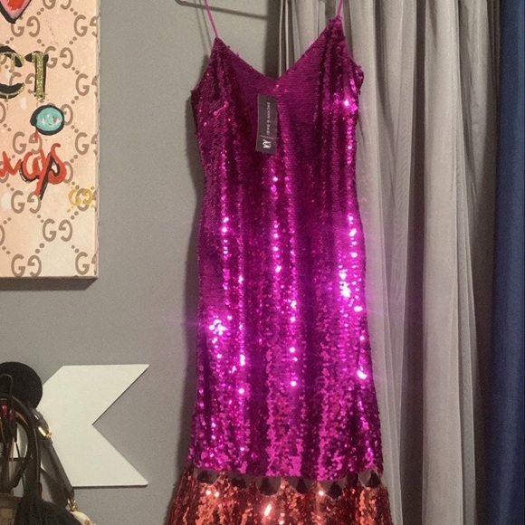 NWT SACHIN + BABI Hot Pink Purple Black  Sequin Ruffle Flounce Hem Midi Dress - Picture 5 of 8